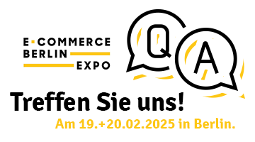 Logo der E-Commerce Berlin EXPO mit Sprechblasen, in denen &quot;Q&quot; und &quot;A&quot; stehen, darunter Headline in schwarz: Treffen Sie uns!, darunter Subheadline in gelb: Am 19.+20.02.2025 in Berlin.