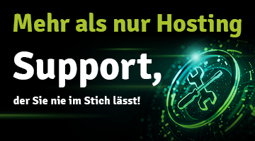 Dunkler Hintergrund; grüne Grafik mit Werkzeugsymbol auf der rechten Seite; grüne Headline oben: Mehr als nur Hosting; darunter Subheadline in weiß: Support, der Sie nie im Stich lässt