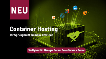Bild mit der Aufschrift „NEU: Container Hosting – Ihr Sprungbrett zu mehr Effizienz“, zeigt ein Container-Symbol mit Technologie-Logos, verfügbar für Managed Server, Scale Server, und vServer, auf digitalem Schaltkreis-Hintergrund.