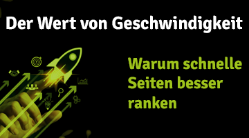 Teaser-Grafik zum Thema Website-Geschwindigkeit mit aufsteigender Raketen-Illustration und Text über die Bedeutung schneller Ladezeiten für bessere Rankings