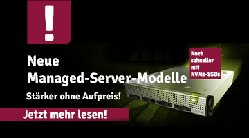 Teaser-Grafik zu neuen Managed-Server-Modellen mit Server-Hardware-Abbildung, Hinweis auf NVMe-SSDs, mehr Leistung ohne Aufpreis und Call-to-Action zum Weiterlesen