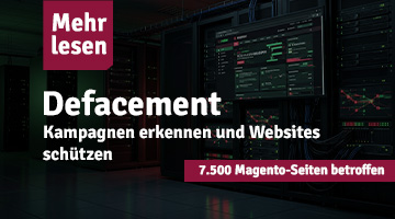 Teaser-Grafik zum Thema Website-Defacement mit Serverraum-Hintergrund, Hinweis auf betroffene Magento-Seiten und Tipps zum Erkennen und Schutz vor Angriffskampagnen.