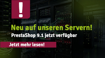 Teaser-Grafik zur Verfügbarkeit von PrestaShop 9.1 auf Hosting-Servern mit Serverraum-Hintergrund, Hinweis-Icon und Call-to-Action zum Weiterlesen.