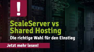 Teaser-Grafik zum Vergleich ScaleServer vs. Shared Hosting mit Serverraum-Hintergrund und Hinweis auf die richtige Hosting-Wahl für Einsteiger.