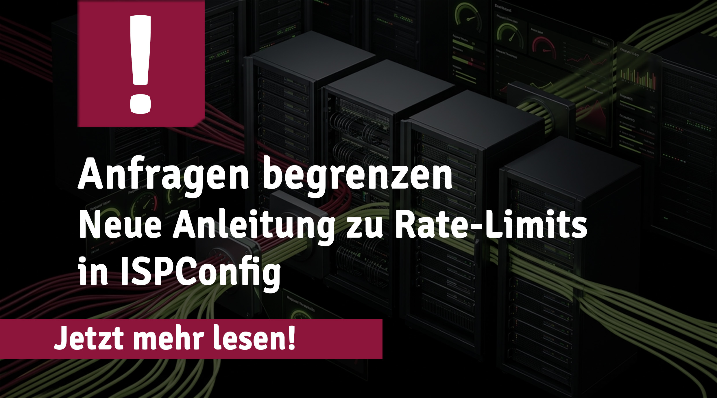 Teaser-Grafik zu Rate-Limits in ISPConfig mit Serverrack-Visualisierung und Hinweis auf eine neue Anleitung zur Begrenzung von Anfragen.