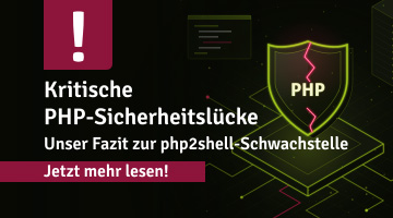 Warnsymbol und beschädigtes PHP-Schutzschild als Hinweis auf die Sicherheitsrisiken und notwendige Schutzmaßnahmen.
